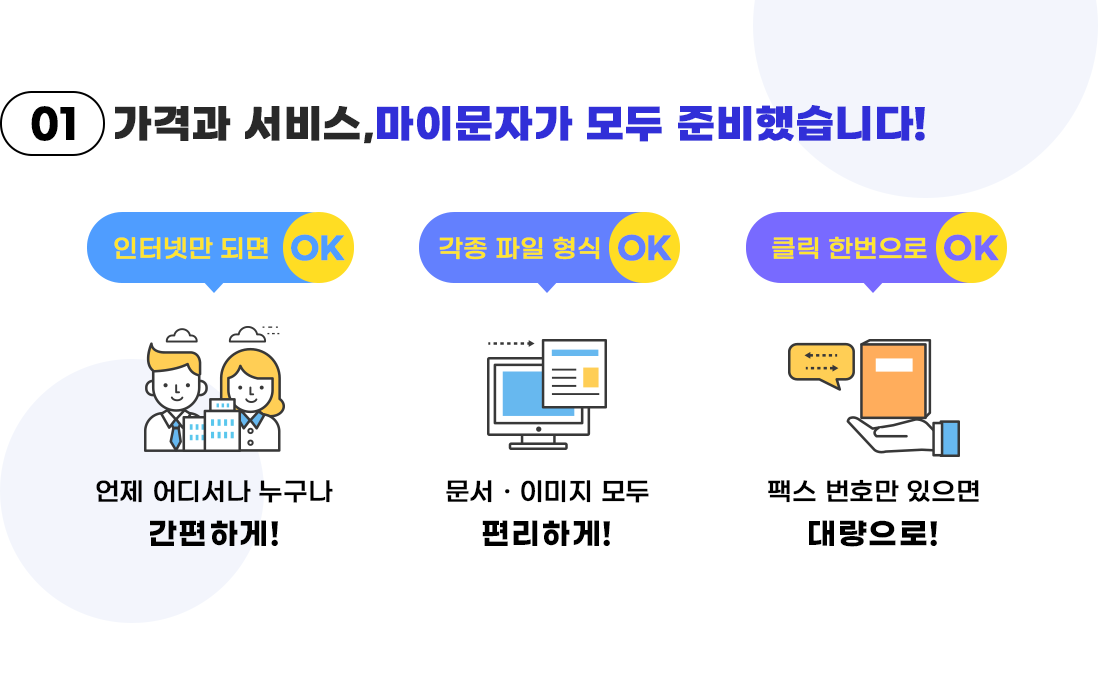인터넷 팩스, 가격과 서비스 마이문자가 모두 준비했습니다! 인터넷만 되면 언제 어디서나 누구나 간편하게 발송 가능! 문서 및 이미지 등 각종 파일 형식 모두 편리하게 발소 가능! 팩스 번호만 있으면 클릭 한번으로 대량 발송 가능!